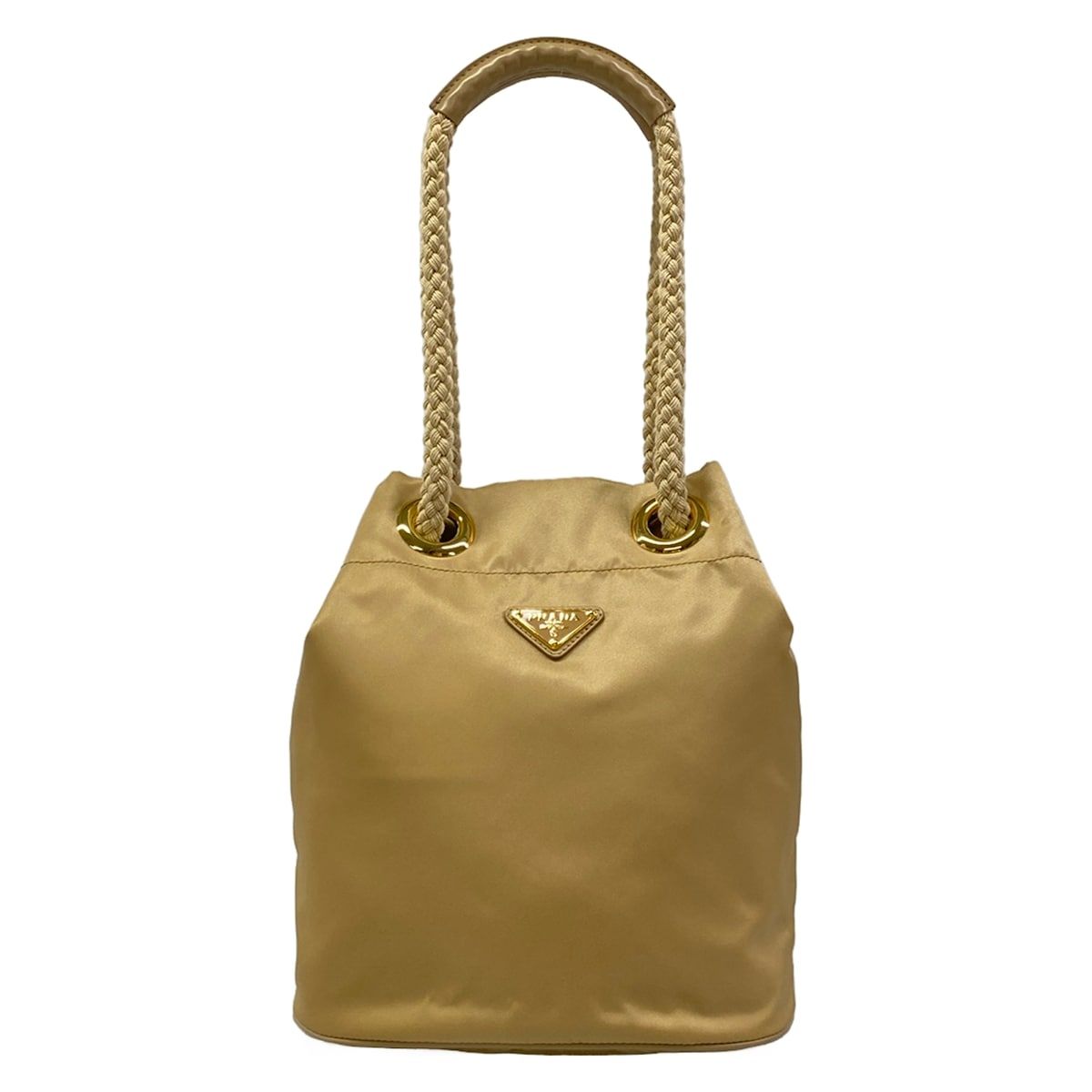 Prada Tote Mariner Small Re-Nylon Bucket Bag Beige Drawstring Leather