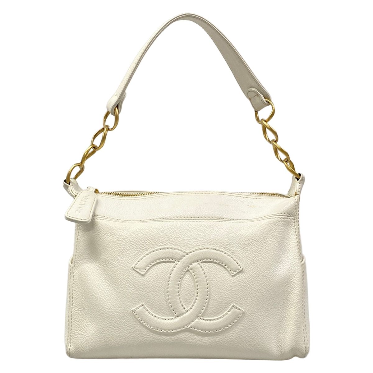 Chanel Handbag White Chain Handle Gold CC Logo Leather