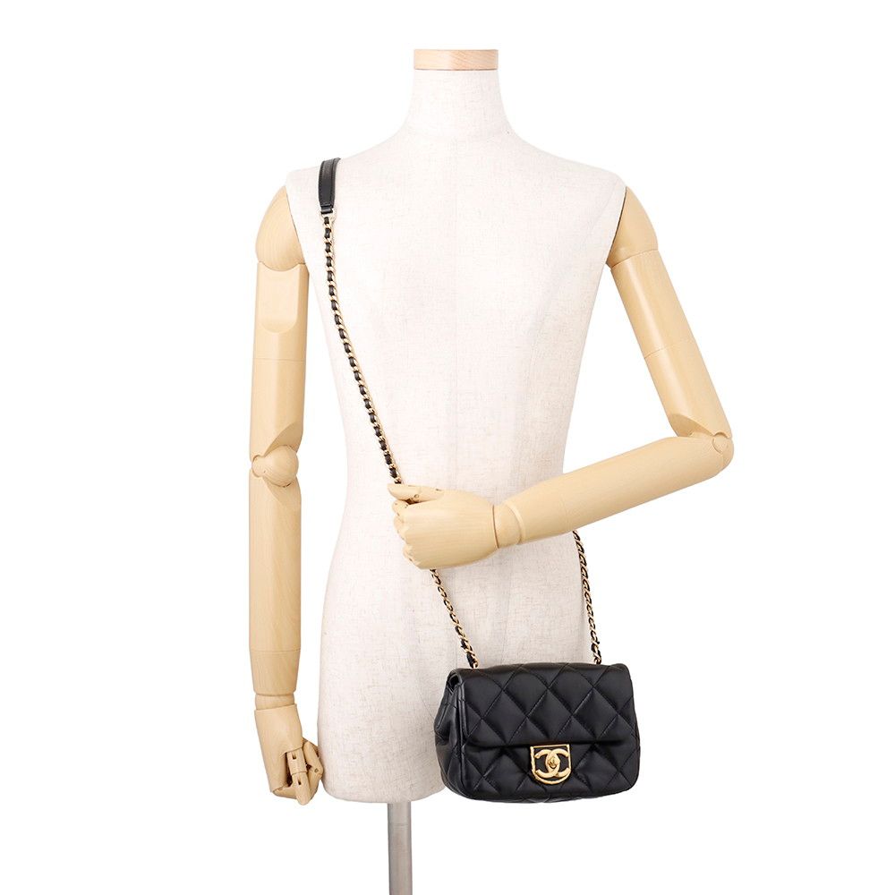 Chanel Chain Shoulder Bag Quilted CC Logo Small Flap Lambskin Black — view 4