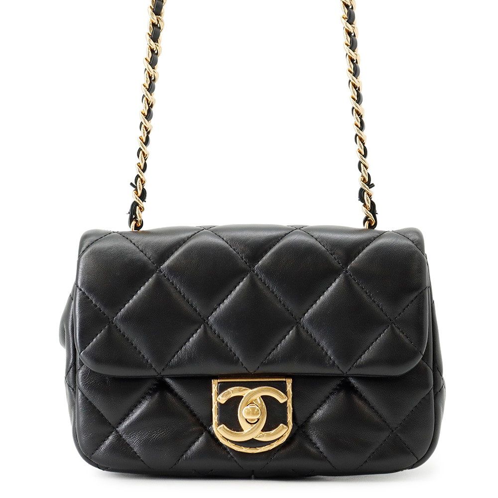 Chanel Chain Shoulder Bag Quilted CC Logo Small Flap Lambskin Black