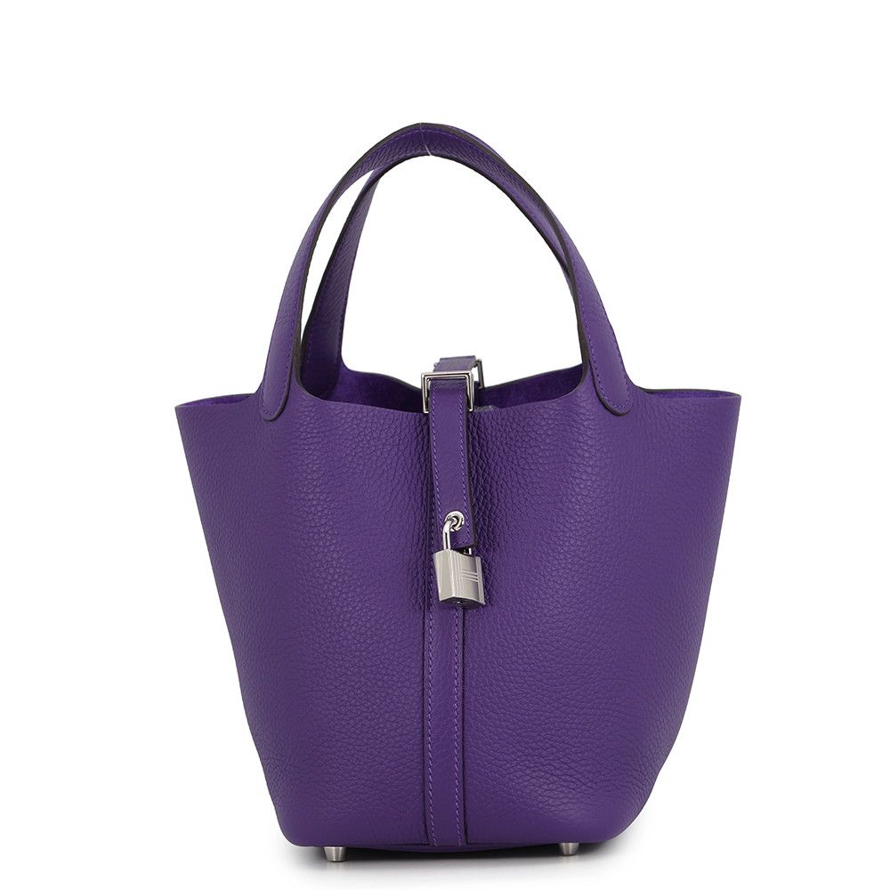 Hermes Handbag Picotin Lock PM Purple Silver Taurillon Clemence Tote