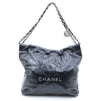 Chanel 22 Small Drawstring Chain Shoulder Bag Black Calfskin Silver