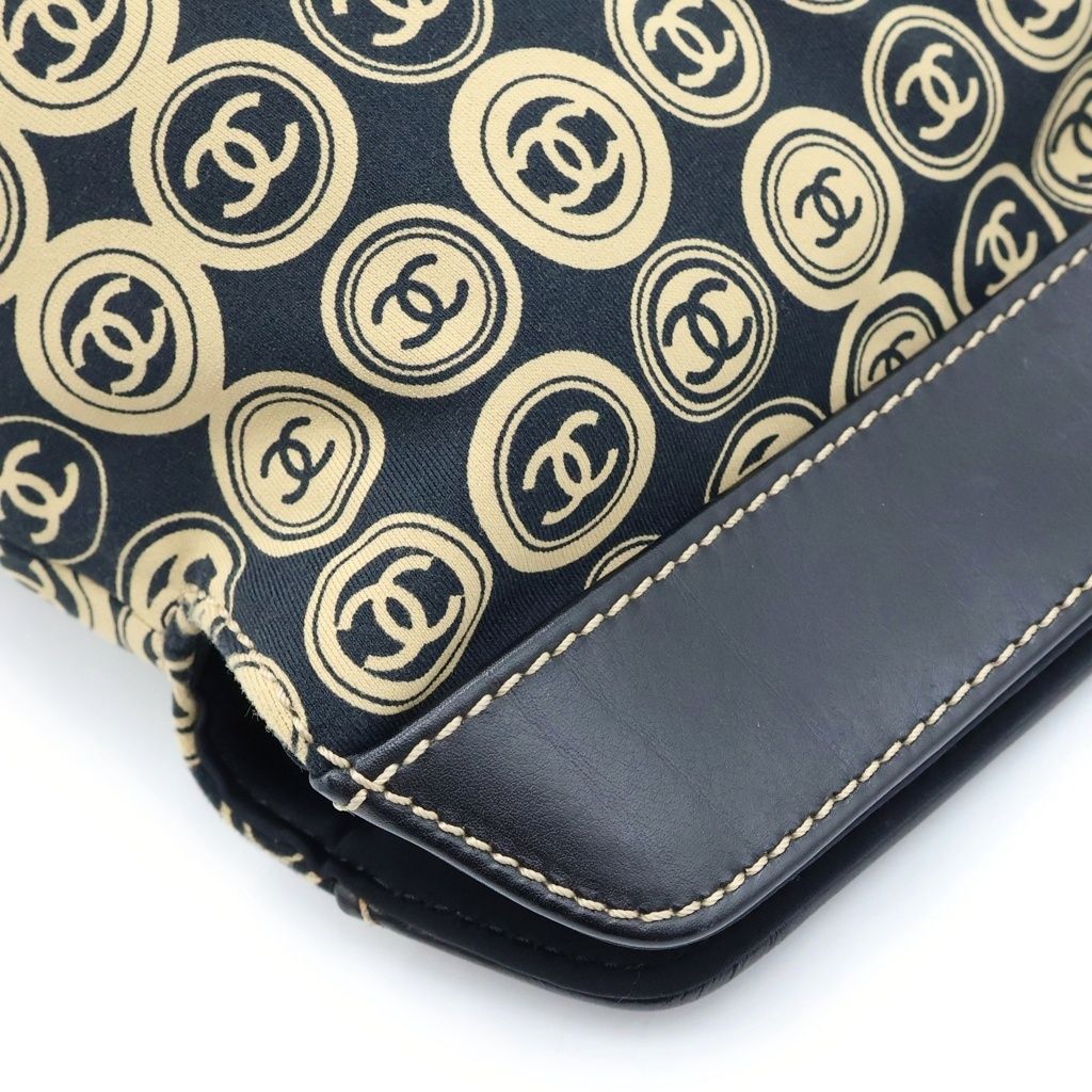Chanel CC Logo Handbag Leather Cotton Black Beige — view 6