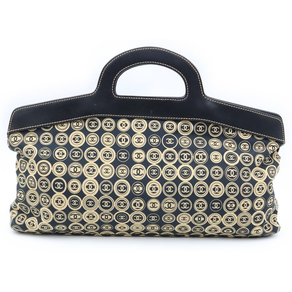 Chanel CC Logo Handbag Leather Cotton Black Beige — view 2