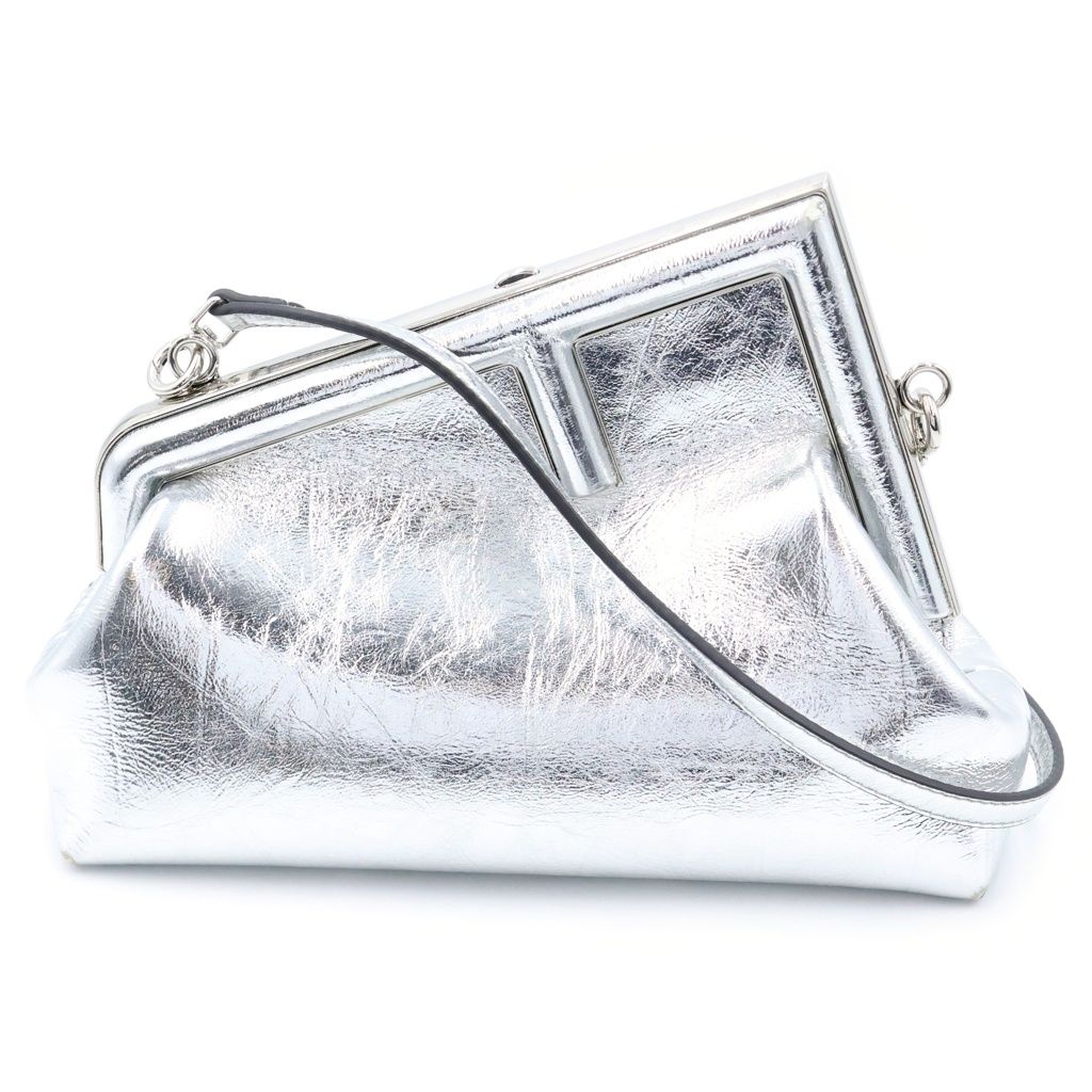 Fendi First Small Leather 2-Way Clutch Shoulder Bag Silver