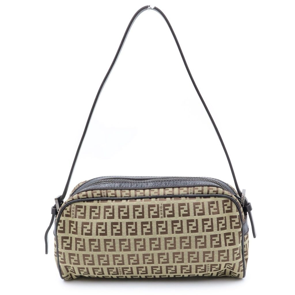 Fendi Zucchino Shoulder Bag Brown Leather Canvas Silver — view 2