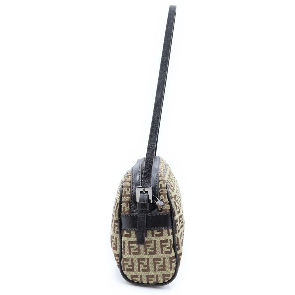 Fendi Zucchino Shoulder Bag Brown Leather Canvas Silver — view 3