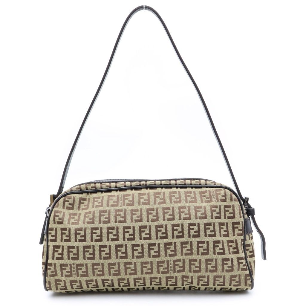 Fendi Zucchino Shoulder Bag Brown Leather Canvas Silver
