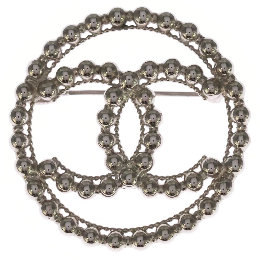 Chanel CC Logo Round Brooch Pin Badge Silver