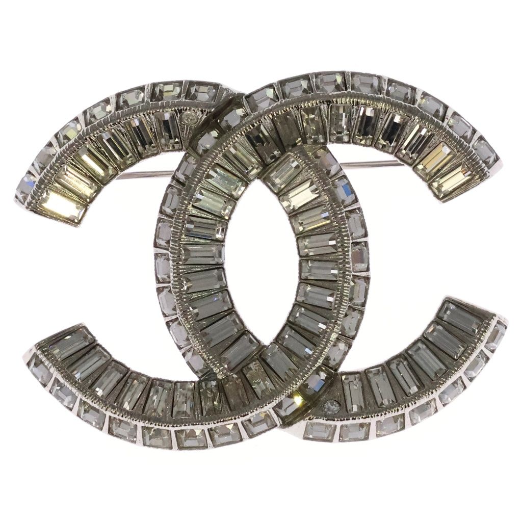 Chanel CC Logo Rhinestone Pin Badge Brooch Silver