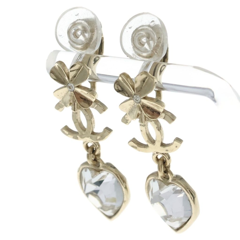 Chanel CC Logo Clover Heart Earrings Rhinestone Gold Plated