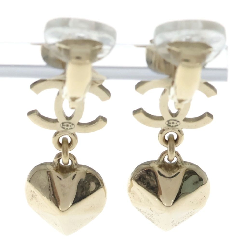 Chanel CC Logo Clover Heart Earrings Rhinestone Gold Plated — view 2