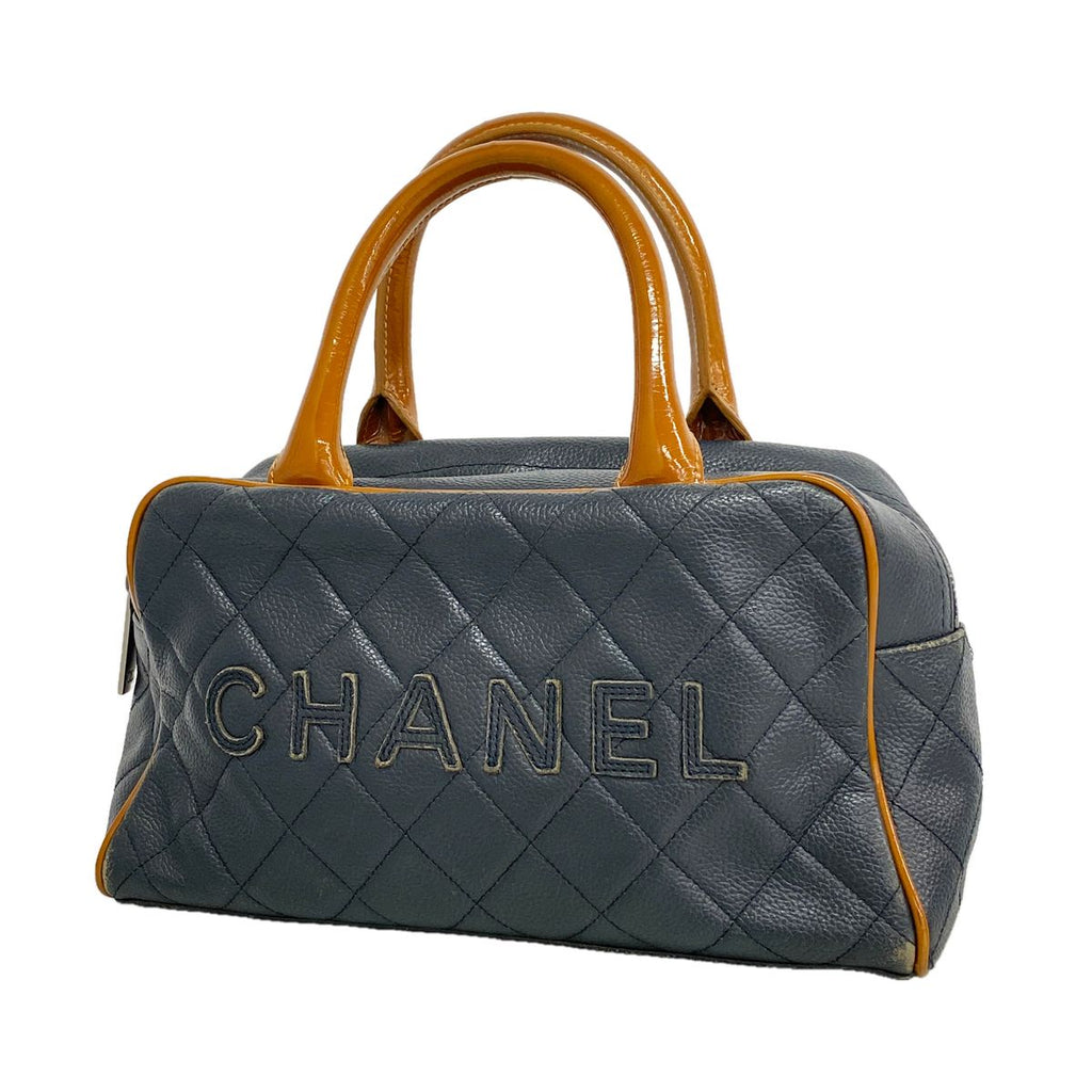 Chanel Handbag Quilted Patent Leather Navy Silver