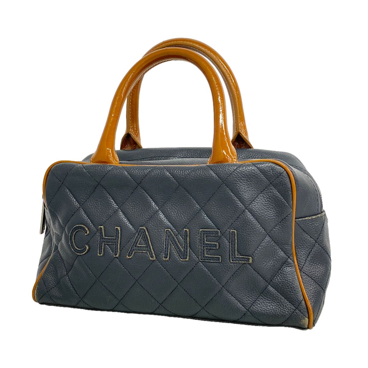 Chanel Handbag Quilted Patent Leather Navy Silver