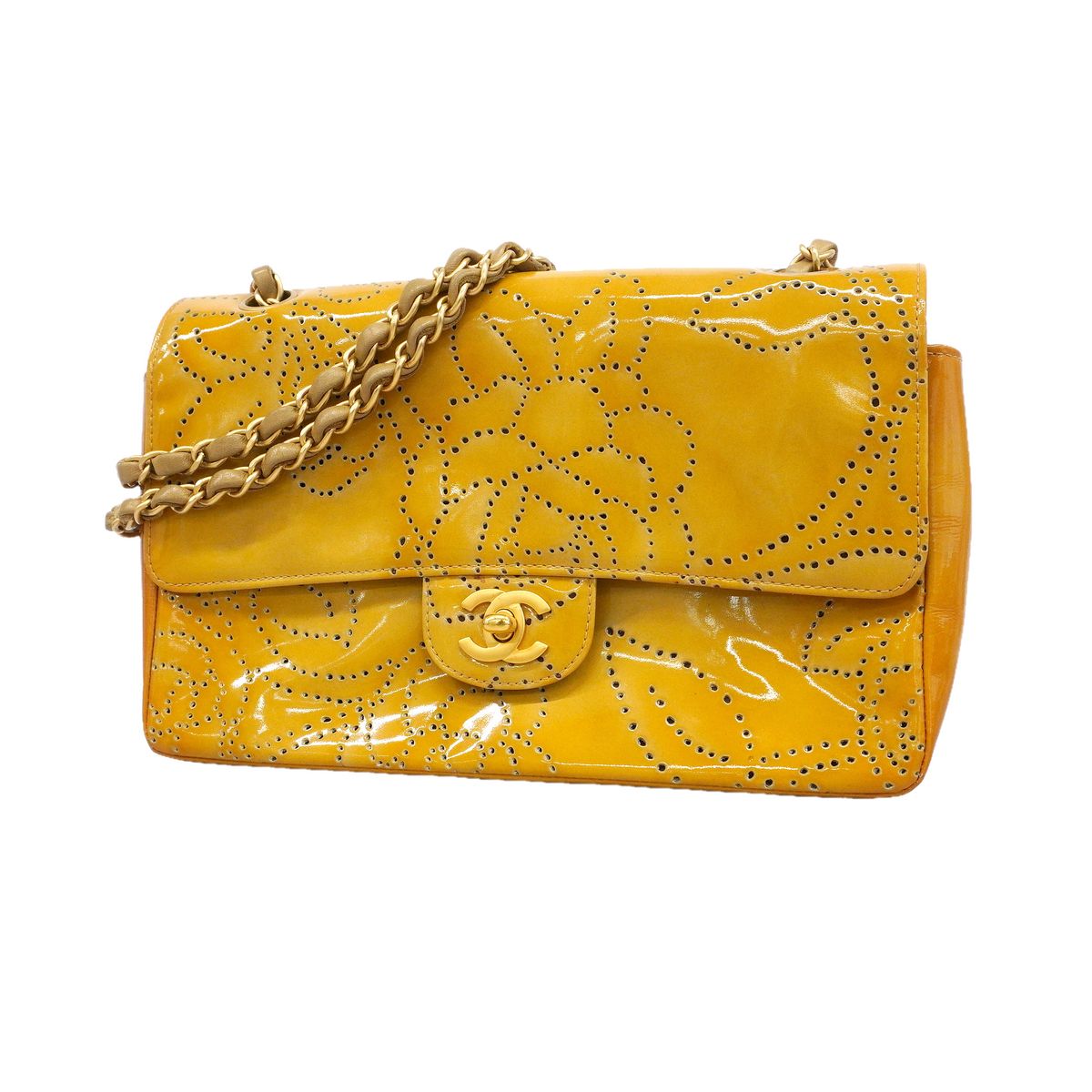 Chanel Shoulder Bag Perforated Patent Leather Yellow Gold