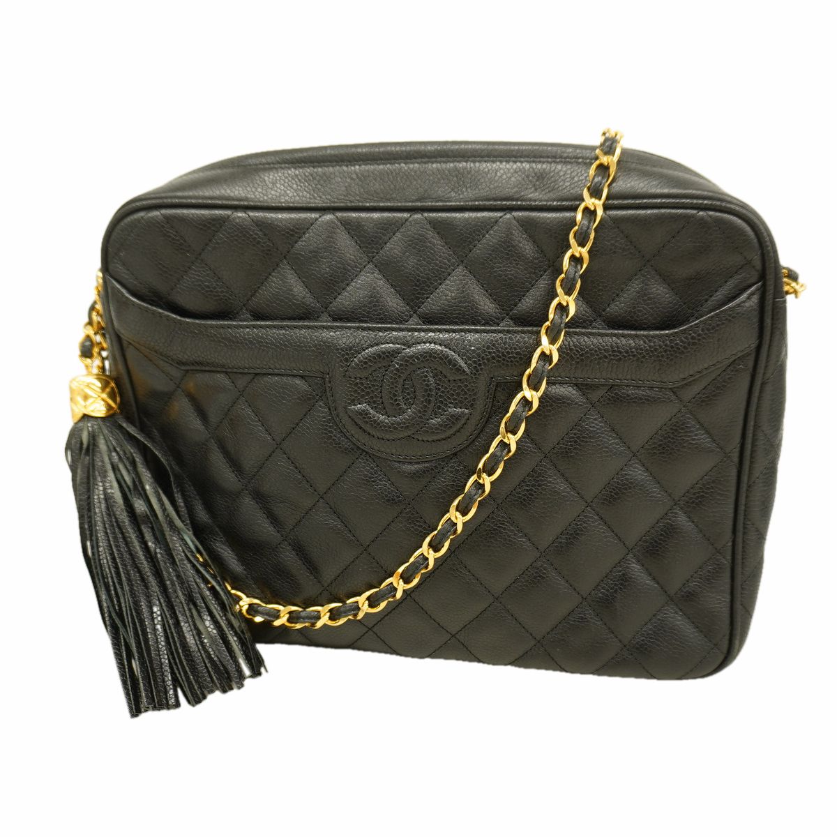 Chanel Shoulder Bag Quilted Caviar Leather Black Gold