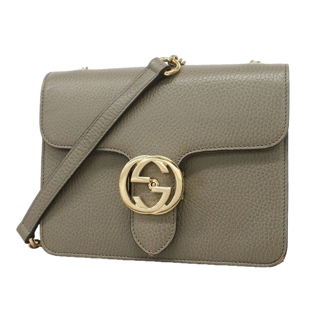 Gucci Shoulder Bag Interlocking G Leather Gray Champagne Gold