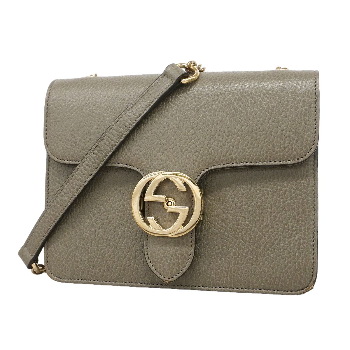 Gucci Shoulder Bag Interlocking G Leather Gray Champagne Gold