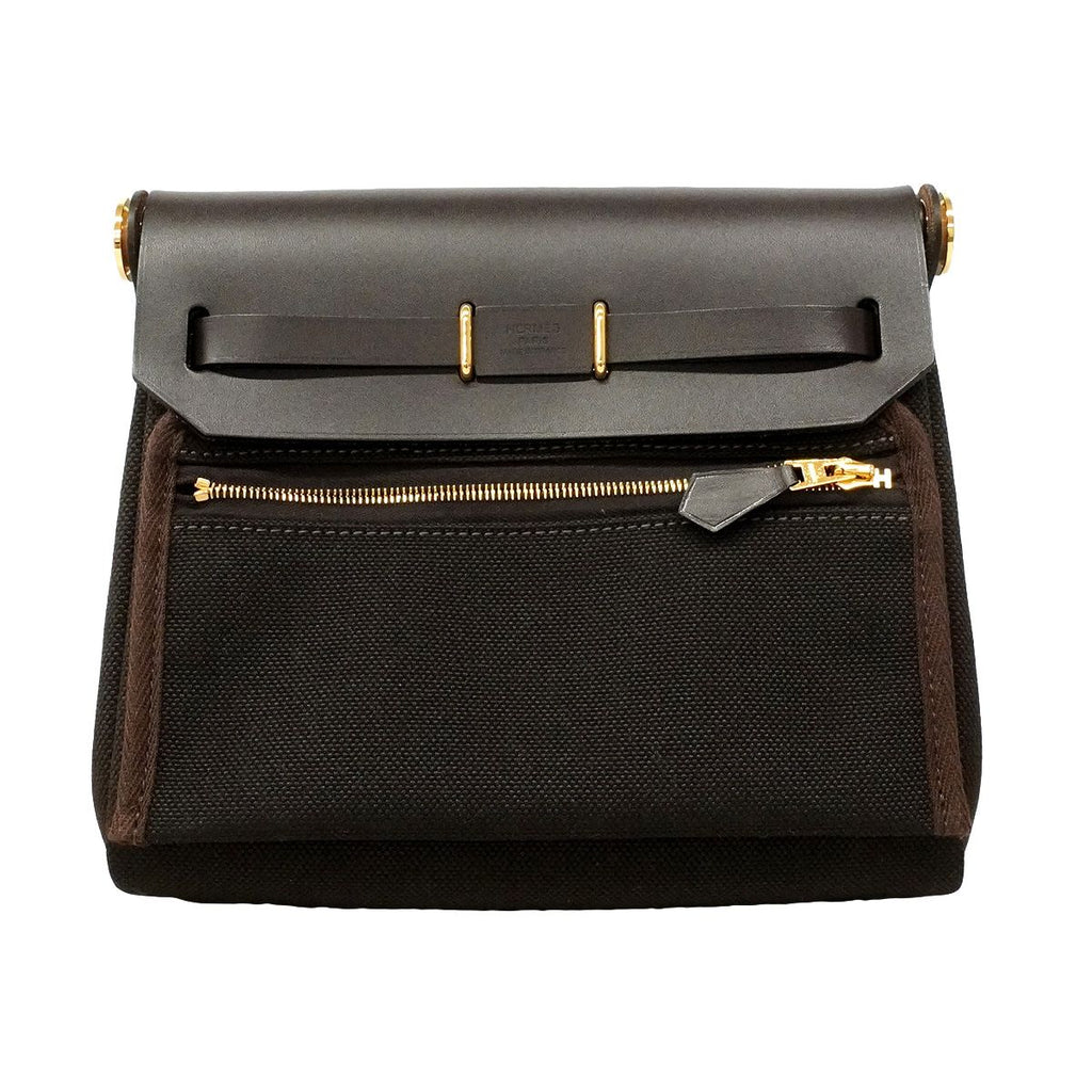 Hermes Shoulder Bag Herbag Zip Mini Toile Military Beblanc Gold — view 8