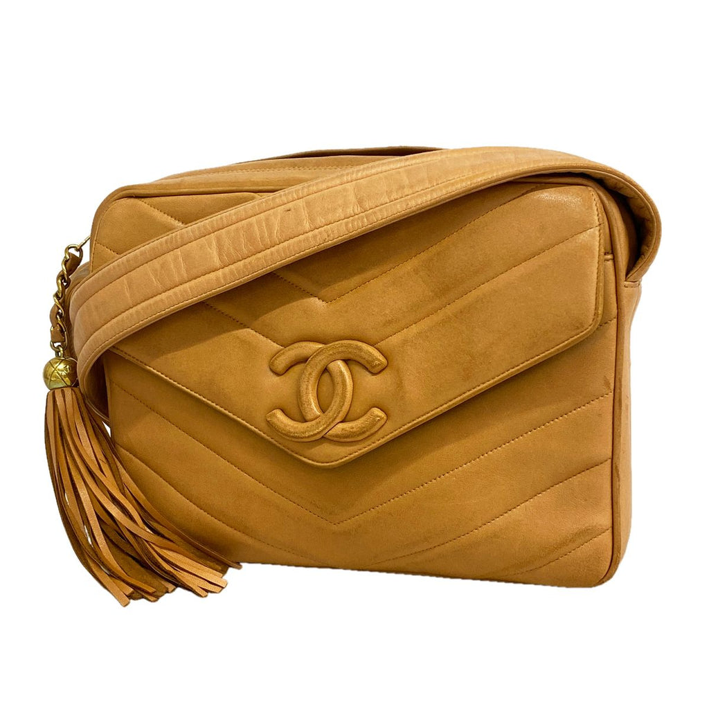 Chanel Shoulder Bag V-stitch Lambskin Brown Gold