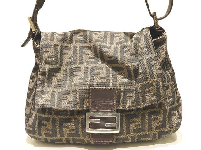 Fendi Mamma Bucket Shoulder Bag Zucca Pattern Khaki Brown Canvas Leather