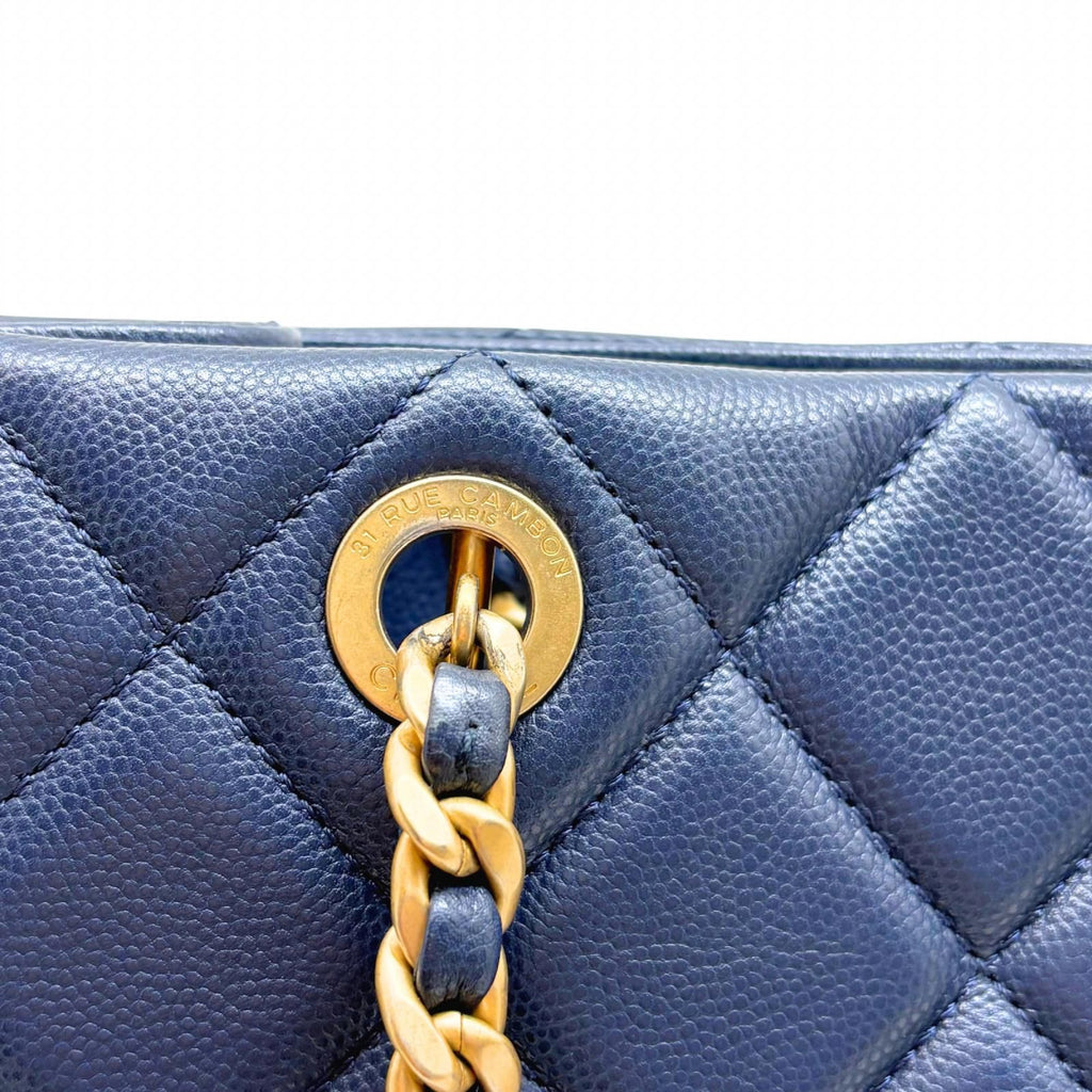 Chanel Quilted Chain Tote Navy Gold Shoulder Bag Caviar Leather — view 6