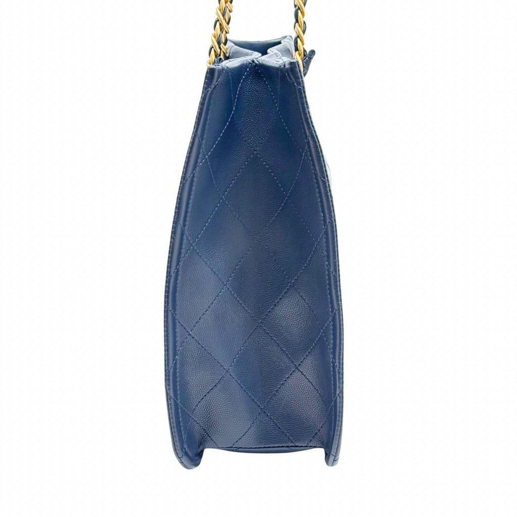 Chanel Quilted Chain Tote Navy Gold Shoulder Bag Caviar Leather — view 2