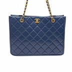 Chanel Quilted Chain Tote Navy Gold Shoulder Bag Caviar Leather