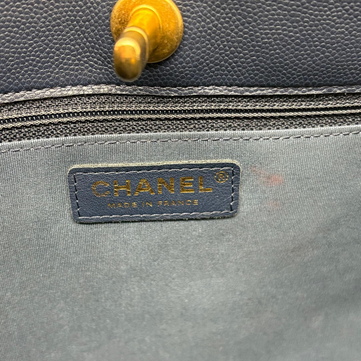 Chanel Quilted Chain Tote Navy Gold Shoulder Bag Caviar Leather — view 8