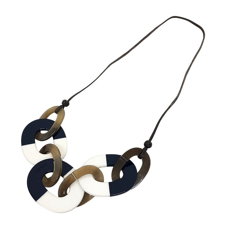 Hermes Karamba Necklace Buffalo Horn Lacquerwood Navy White