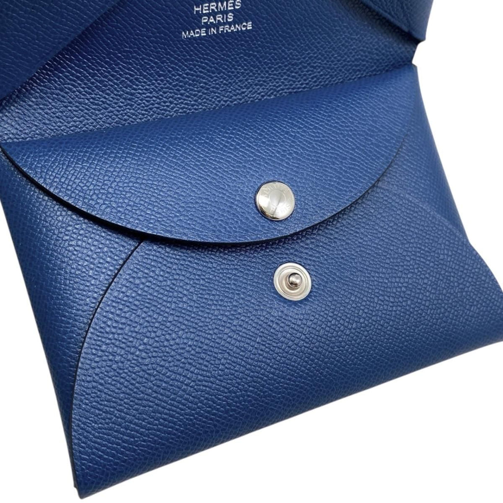 Hermes Card Case Coin Purse Calvi Duo Veau Madame Deep Blue Silver — view 7
