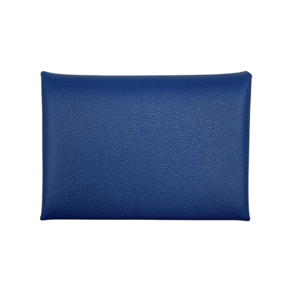 Hermes Card Case Coin Purse Calvi Duo Veau Madame Deep Blue Silver