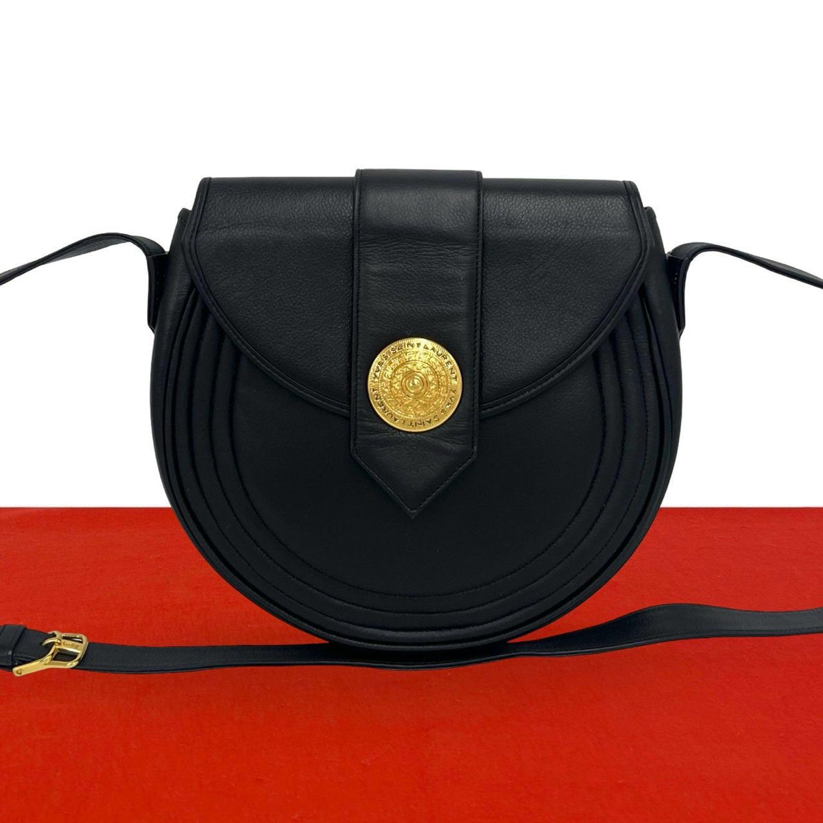 Saint Laurent Yves Vintage Round Logo Leather Shoulder Bag Black
