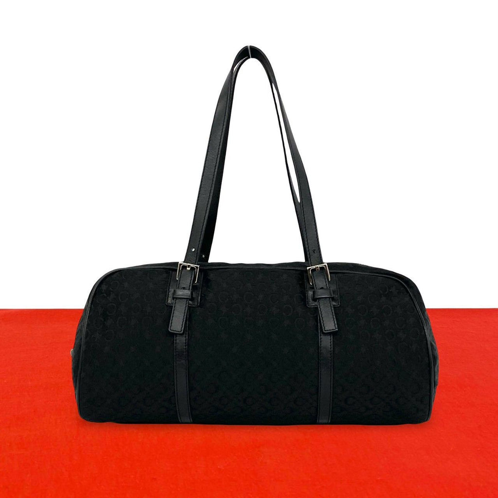 Celine C Macadam Blason Triomphe Pattern Canvas Leather Handbag Drum Bag Black