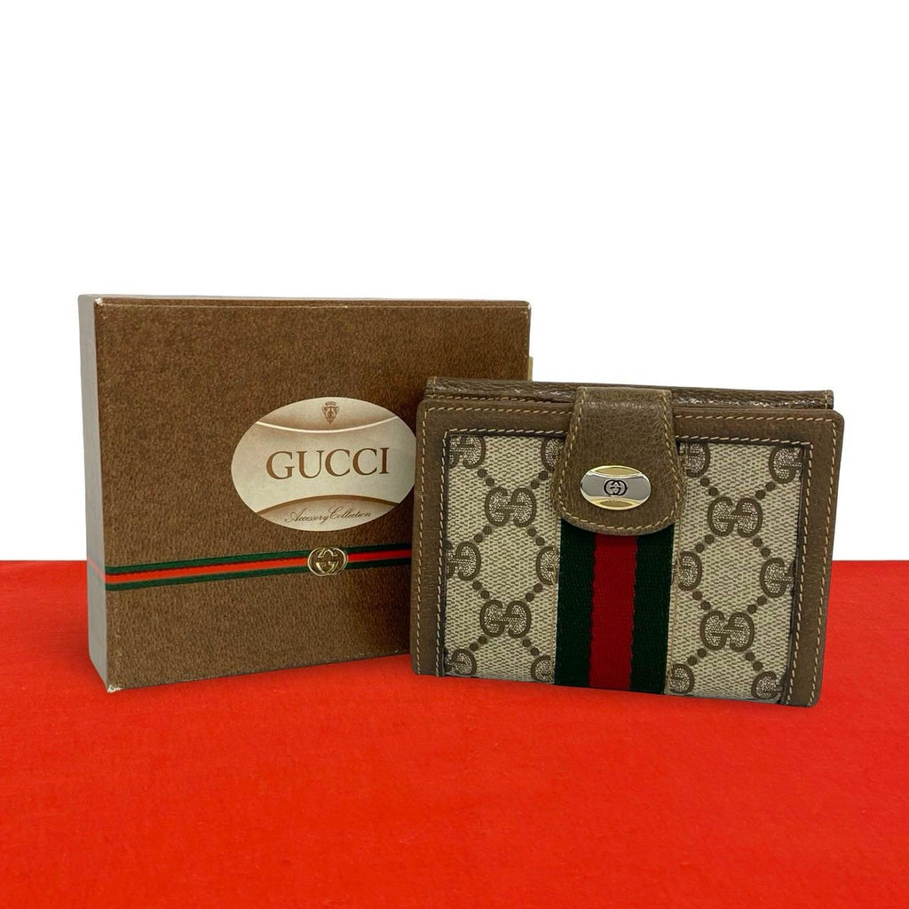 Gucci Vintage Sherry Line GG Pattern Logo Leather Bifold Wallet Brown