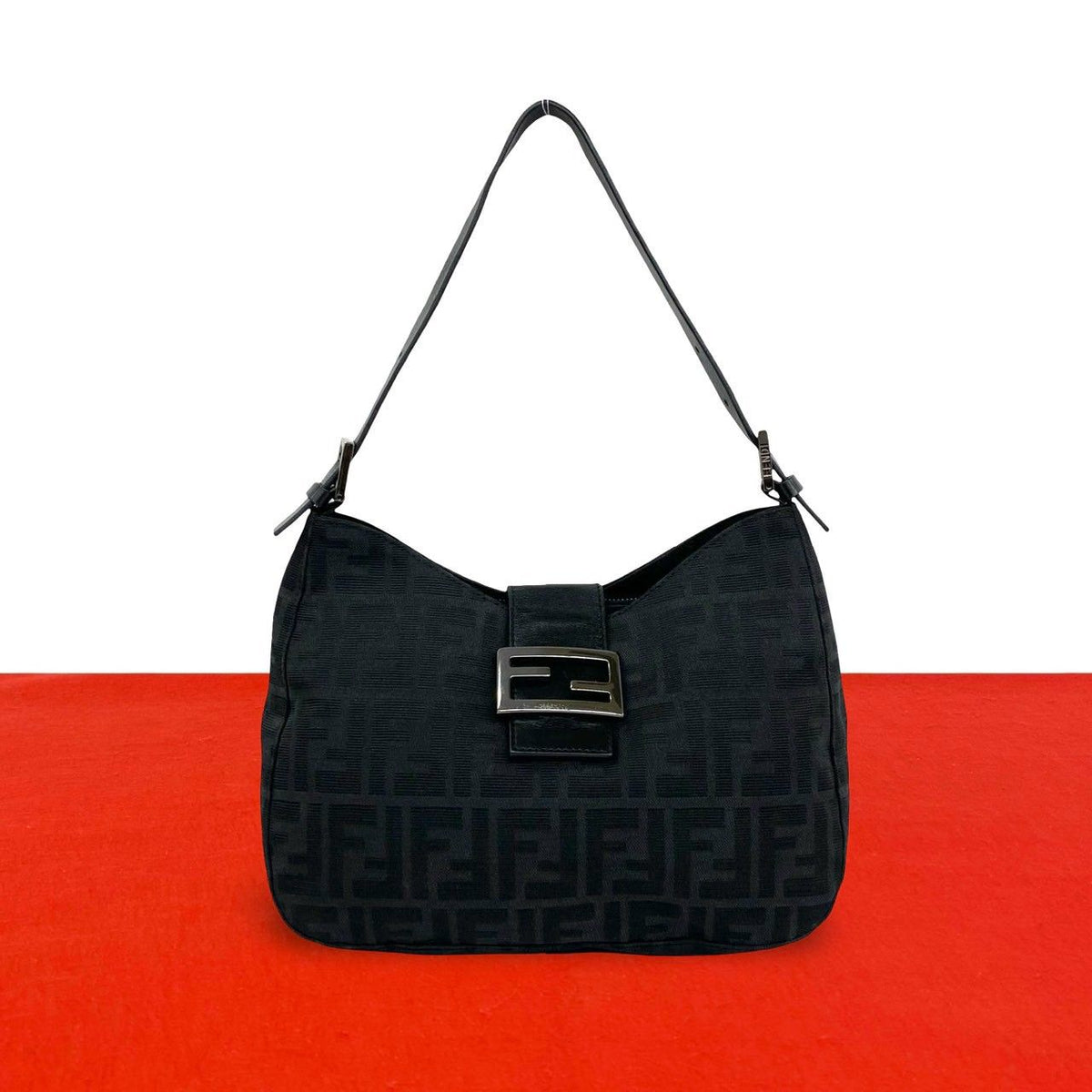 Fendi Vintage Zucca FF Pattern Canvas Leather Shoulder Bag Black