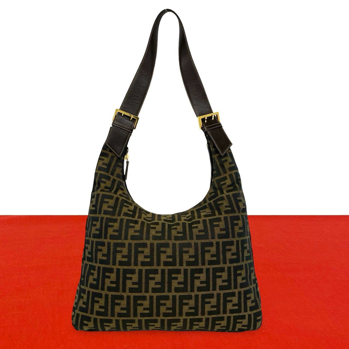 Fendi Vintage Zucca FF Pattern Canvas Leather Shoulder Bag Brown