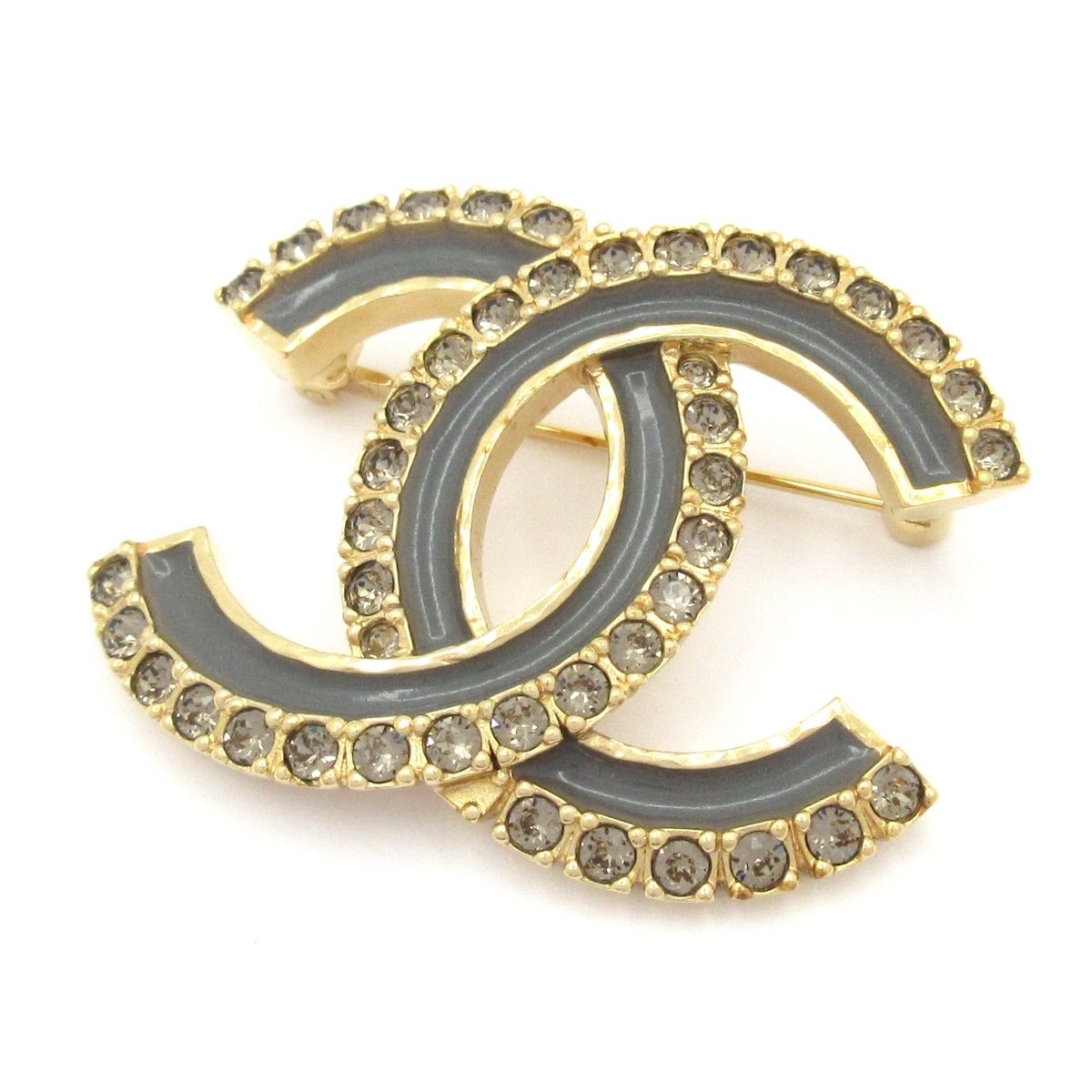 Chanel Brooch Gold Dark Gray CC Logo