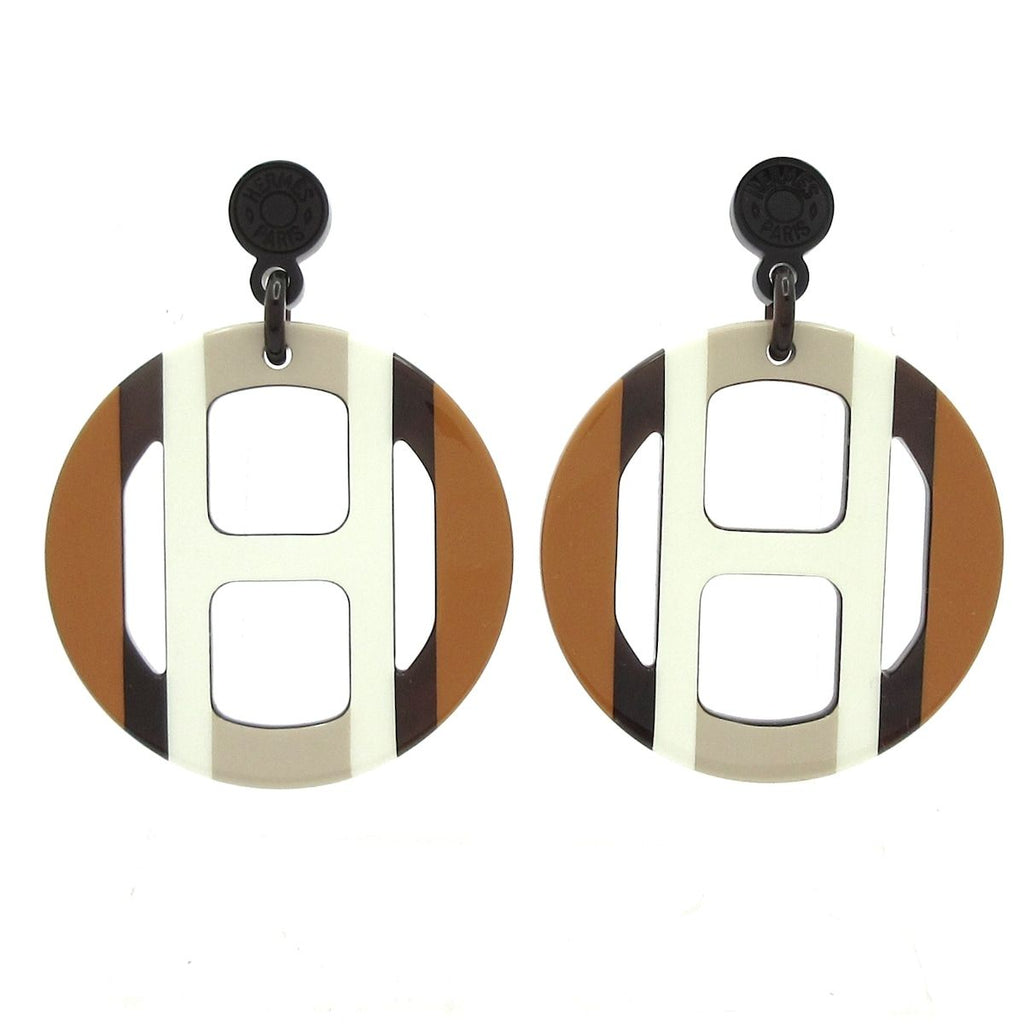 Hermes Earrings H Equipe Brown White