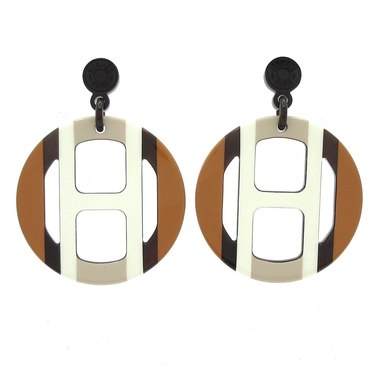 Hermes Earrings H Equipe Brown White