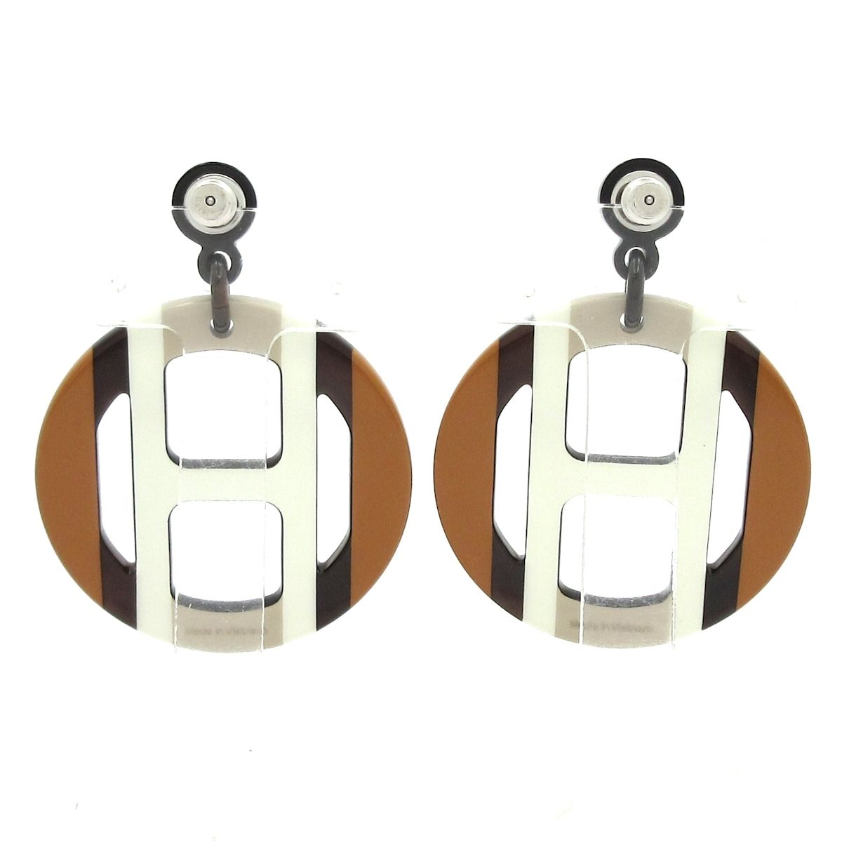 Hermes Earrings H Equipe Brown White — view 3