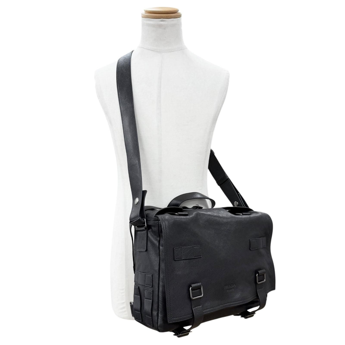 Prada Buffalo Leather Messenger Bag Black — view 3