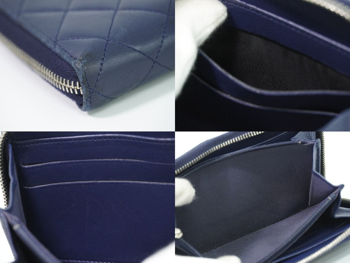 Chanel CC Logo Quilted Zip Around Wallet Lambskin Leather Navy — view 8