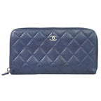Chanel CC Logo Quilted Zip Around Wallet Lambskin Leather Navy