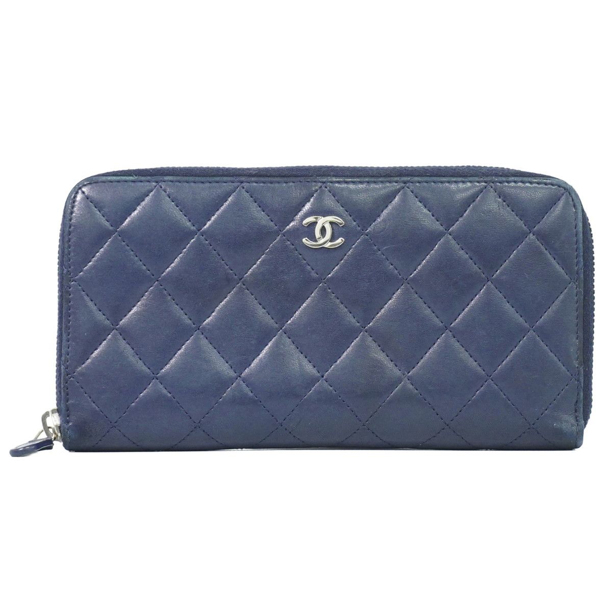 Chanel CC Logo Quilted Zip Around Wallet Lambskin Leather Navy