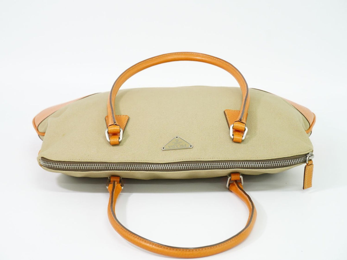 Prada Canvas Leather Shoulder Bag Tote Beige Orange — view 5