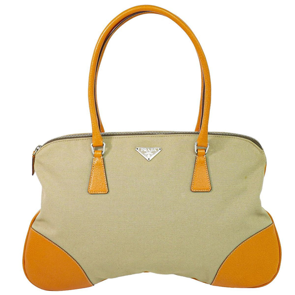 Prada Canvas Leather Shoulder Bag Tote Beige Orange