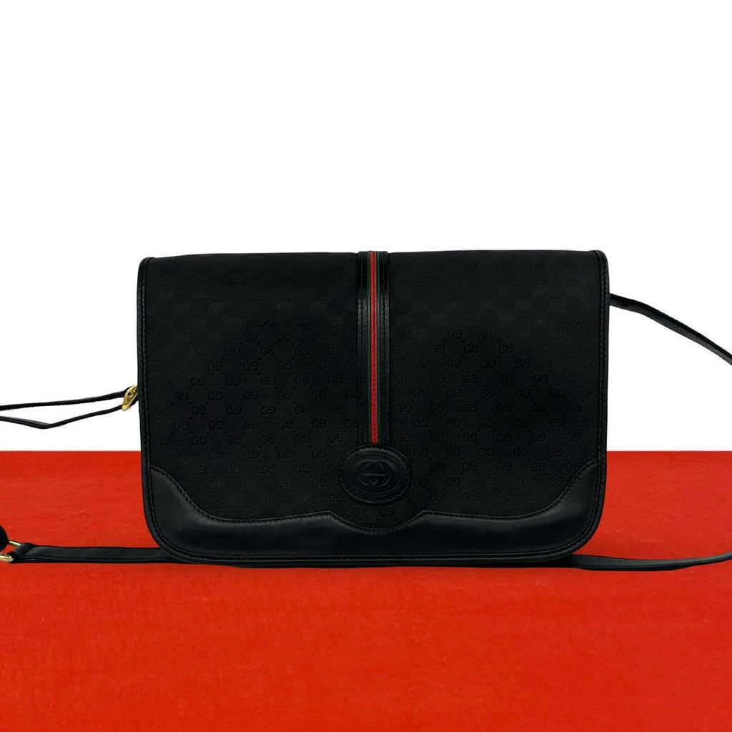 Gucci Vintage Sherry Line Micro GG Logo Leather Shoulder Bag Pochette Black