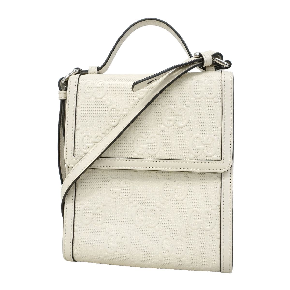 Gucci Shoulder Bag GG Embossed Leather White Silver