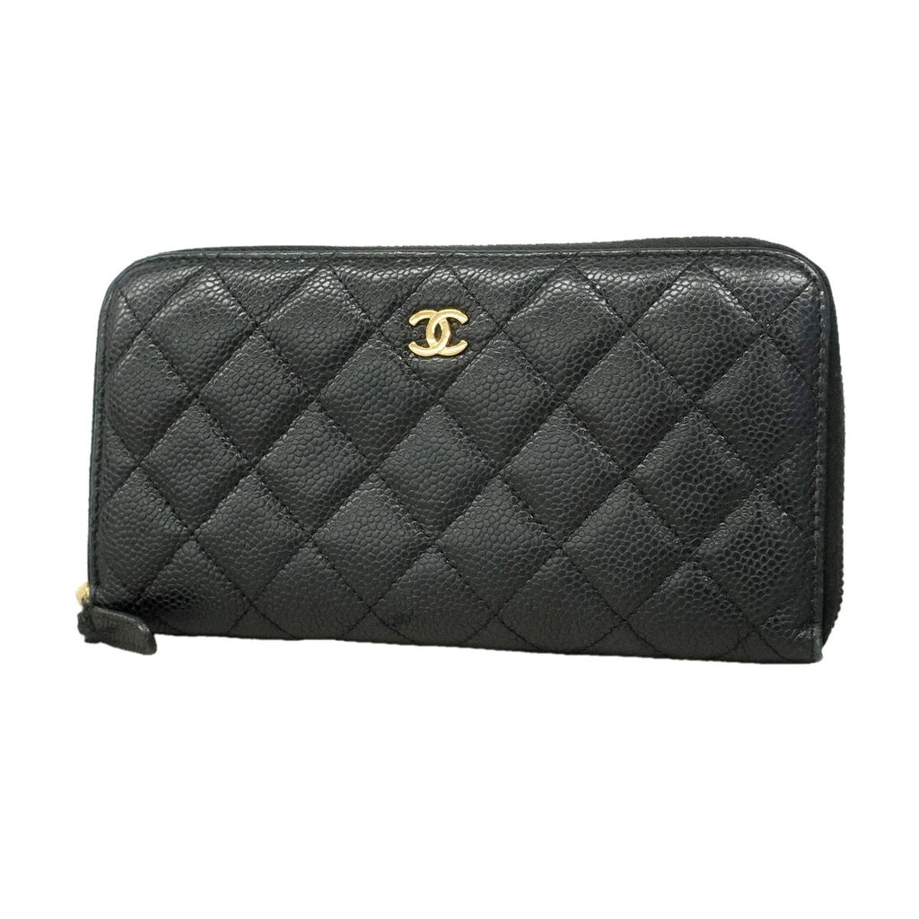 Chanel Wallet Quilted Caviar Leather Black Gold